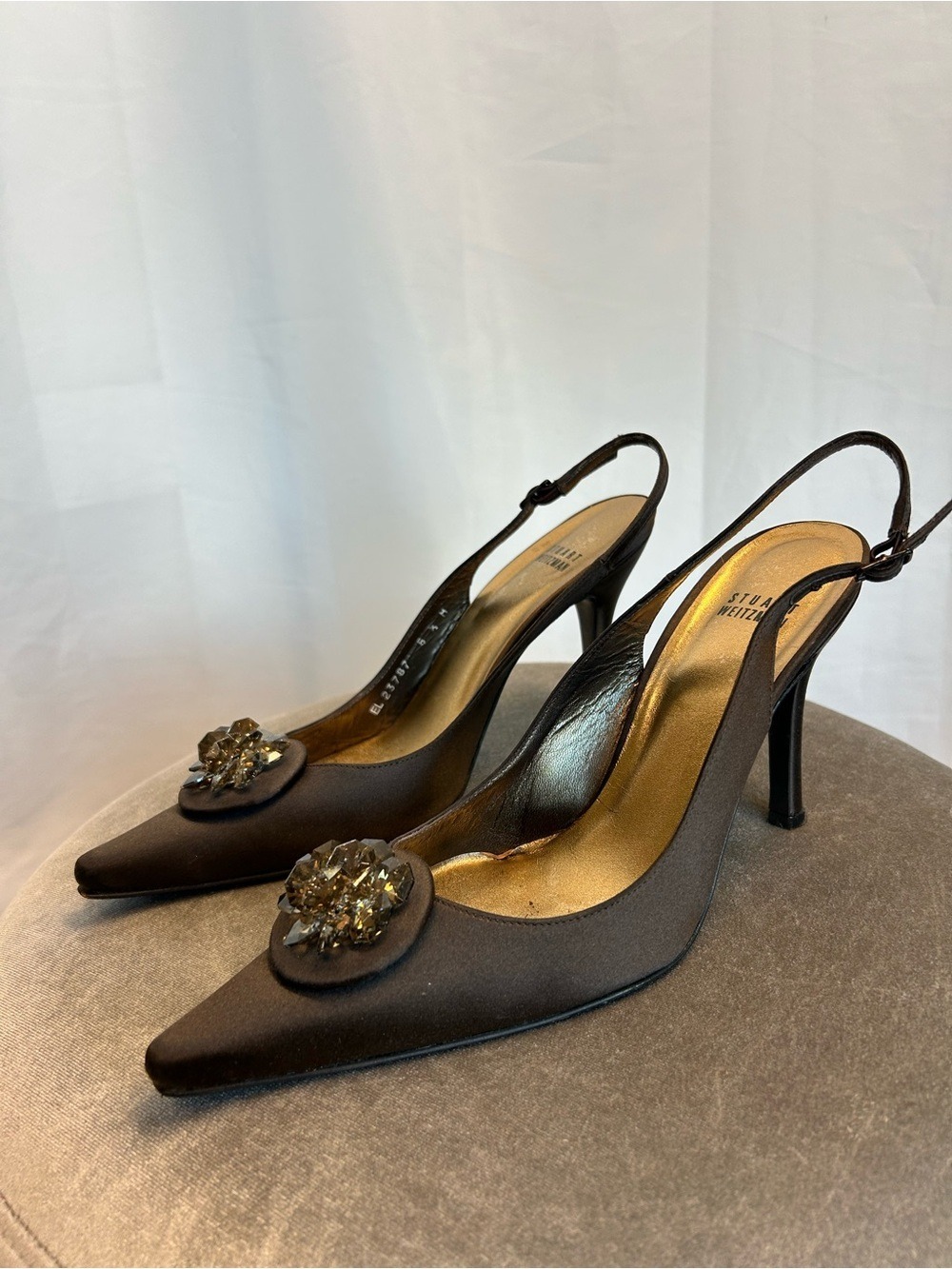 Stuart Weitzman brown satin slingback pumps crystal embellishments pointed toe